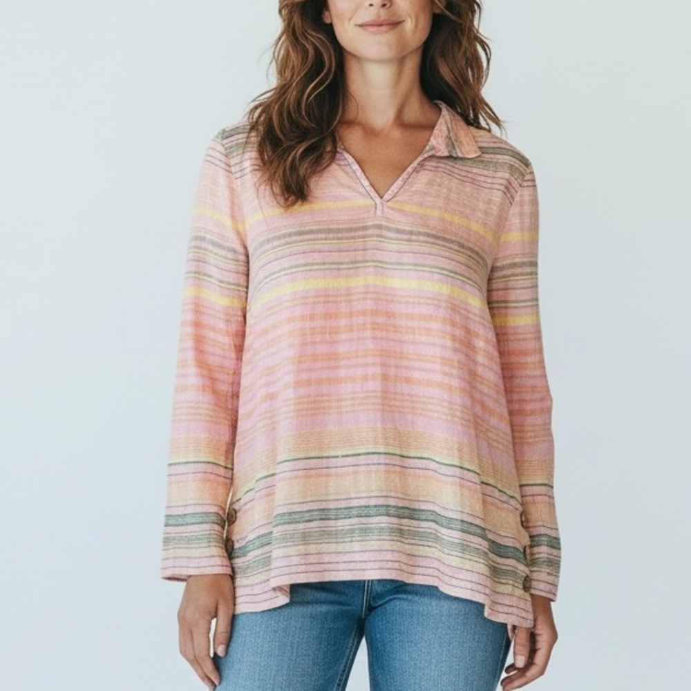 Coldwater Creek Linen Pastel Striped Tunic Top Size Petite Medium